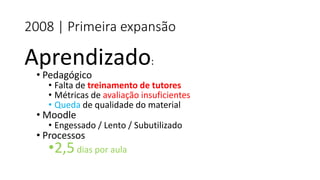 Aprendizado: 
•Pedagógico 
•Falta de treinamento de tutores 
•Métricas de avaliação insuficientes 
•Quedade qualidade do material 
•Moodle 
•Engessado / Lento / Subutilizado 
•Processos 
•2,5dias por aula 
2008 | Primeira expansão  