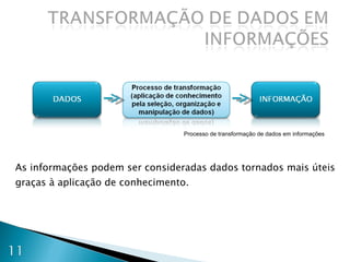 As informações podem ser consideradas dados tornados mais úteis graças à aplicação de conhecimento. Processo de transformação de dados em informações 