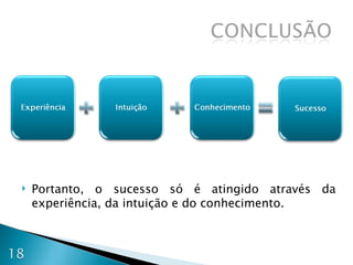 Portanto, o sucesso só é atingido através da experiência, da intuição e do conhecimento. 