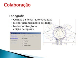 ColaboraçãoTopografiaCriação de linhas automátizadasMelhor gerenciamento de dadosMelhor utilização na  edição de figuras