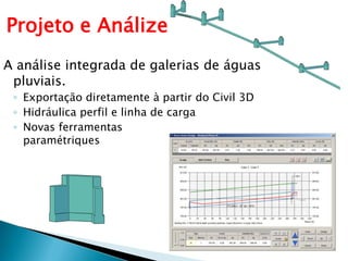 Projeto e AnálizeA análise integrada de galerias de águas pluviais.Exportaçãodiretamente à partir do Civil 3DHidráulica perfil e linha de cargaNovas ferramentasparamétriques