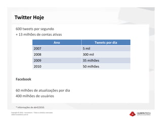 Twitter Hoje
      600 tweets por segundo
      + 13 milhões de contas ativas

                                                              Ano             Tweets por dia
                                2007                                5 mil
                                2008                                300 mil
                                2009                                35 milhões
                                2010                                50 milhões


      Facebook

      60 milhões de atualizações por dia
      400 milhões de usuários

      * Informações de abril/2010.

Copyright © 2010 – Humantech – Todos os direitos reservados
www.humantech.com.br
 