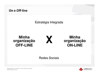On e Off-line


                                                              Estratégia Integrada



                 Minha
              organização
               OFF-LINE
                                                                     X                  Minha
                                                                                     organização
                                                                                       ON-LINE


                                                                Redes Sociais


Copyright © 2010 – Humantech – Todos os direitos reservados
www.humantech.com.br
 