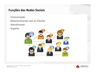 Funções das Redes Sociais

      - Comunicação
      - Relacionamento com os Clientes
      - Atendimento
      - Suporte




Copyright © 2010 – Humantech – Todos os direitos reservados
www.humantech.com.br
 