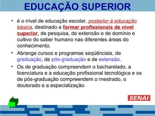 EDUCAÇÃO SUPERIOR 
• é o nível de educação escolar, posterior à educação 
básica, destinado a formar profissionais de nível 
superior, de pesquisa, de extensão e de domínio e 
cultivo do saber humano nas diferentes áreas do 
conhecimento. 
• Abrange cursos e programas seqüênciais, de 
graduação, de pós-graduação e de extensão. 
• Os de graduação compreendem o bacharelado, a 
licenciatura e a educação profissional tecnológica e os 
de pós-graduação compreendem o mestrado, o 
doutorado e a especialização. 
 