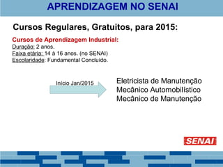 APRENDIZAGEM NO SENAI 
Cursos Regulares, Gratuitos, para 2015: 
Cursos de Aprendizagem Industrial: 
Duração: 2 anos. 
Faixa etária: 14 à 16 anos. (no SENAI) 
Escolaridade: Fundamental Concluído. 
Eletricista de Manutenção 
Mecânico Automobilístico 
Mecânico de Manutenção 
Início Jan/2015 
 