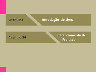 Capítulo I
Capítulo 16
Introdução do Livro
Gerenciamento de
Projetos
 