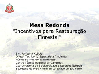Mesa Redonda “Incentivos para Restauração Florestal” Biol. Umberto Kubota Diretor Técnico I / Especialista Ambiental Núcleo de Programas e Projetos Centro Técnico Regional de Campinas Coordenadoria de Biodiversidade e Recursos Naturais Secretaria do Meio Ambiente do Estado de São Paulo 