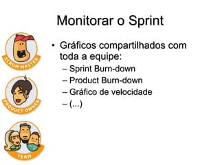 Monitorar o Sprint Gráficos compartilhados com toda a equipe: Sprint Burn-down Product Burn-down Gráfico de velocidade (...) 