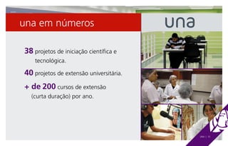 una em números

38 projetos de iniciação científica e
   
    tecnológica.

40 projetos de extensão universitária.
   

+ de 200 cursos de extensão
  (curta duração) por ano.




                                         UNA | 10
 