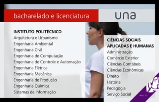 bacharelado e licenciatura

INSTITUTO POLITÉCNICO
Arquitetura e Urbanismo
                                     CIÊNCIAS SOCIAIS
Engenharia Ambiental
                                     APLICADAS E HUMANAS
Engenharia Civil
                                     Administração
Engenharia de Computação
                                     Comércio Exterior
Engenharia de Controle e Automação
                                     Ciências Contábeis
Engenharia Elétrica
                                     Ciências Econômicas
Engenharia Mecânica
                                     Direito
Engenharia de Produção
                                     História
Engenharia Química
                                     Pedagogia
Sistemas de Informação
                                     Serviço Social
                                                  UNA | 21
 