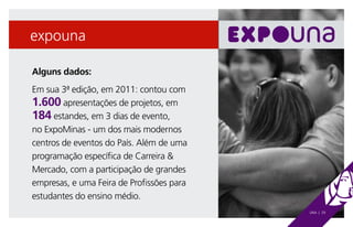 expouna

Alguns dados:
Em sua 3ª edição, em 2011: contou com
1.600 apresentações de projetos, em
184 estandes, em 3 dias de evento,
no ExpoMinas - um dos mais modernos
centros de eventos do País. Além de uma
programação específica de Carreira 
Mercado, com a participação de grandes
empresas, e uma Feira de Profissões para
estudantes do ensino médio.
                                           UNA | 29
 