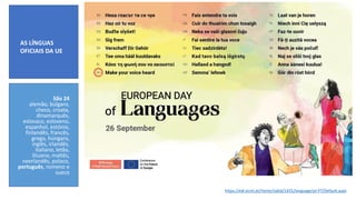 São 24
alemão, búlgaro,
checo, croata,
dinamarquês,
eslovaco, esloveno,
espanhol, estónio,
finlandês, francês,
grego, húngaro,
inglês, irlandês,
italiano, letão,
lituano, maltês,
neerlandês, polaco,
português, romeno e
sueco
AS LÍNGUAS
OFICIAIS DA UE
https://edl.ecml.at/Home/tabid/1455/language/pt-PT/Default.aspx
 