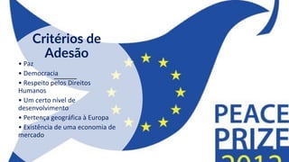 Critérios de
Adesão
• Paz
• Democracia
• Respeito pelos Direitos
Humanos
• Um certo nível de
desenvolvimento
• Pertença geográfica à Europa
• Existência de uma economia de
mercado
 