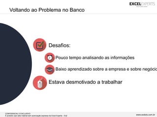 CONFIDENCIAL E EXCLUSIVO
É proibido usar este material sem autorização expressa da Excel Experts – Ex2 www.exdois.com.br
Voltando ao Problema no Banco
• Desafios:
– Pouco tempo analisando as informações
– Baixo aprendizado sobre a empresa e sobre negócio
• Estava desmotivado a trabalhar
 