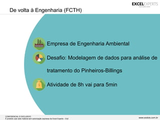 CONFIDENCIAL E EXCLUSIVO
É proibido usar este material sem autorização expressa da Excel Experts – Ex2 www.exdois.com.br
De volta à Engenharia (FCTH)
• Empresa de Engenharia Ambiental
• Desafio: Modelagem de dados para análise de
tratamento do Pinheiros-Billings
• Atividade de 8h vai para 5min
 