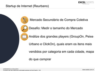 CONFIDENCIAL E EXCLUSIVO
É proibido usar este material sem autorização expressa da Excel Experts – Ex2 www.exdois.com.br
Startup de Internet (Reurbano)
• Mercado Secundário de Compra Coletiva
• Desafio: Medir o tamanho do Mercado
• Análize dos grandes players (GroupOn, Peixe
Urbano e ClickOn), quais eram os itens mais
vendidos por categoria em cada cidade, mapa
do que comprar
 