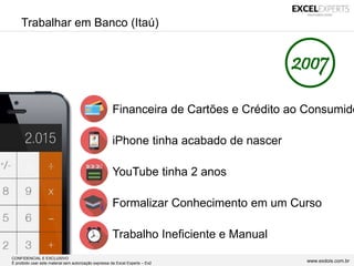 CONFIDENCIAL E EXCLUSIVO
É proibido usar este material sem autorização expressa da Excel Experts – Ex2 www.exdois.com.br
Trabalhar em Banco (Itaú)
• Financeira de Cartões e Crédito ao Consumido
• iPhone tinha acabado de nascer
• YouTube tinha 2 anos
• Formalizar Conhecimento em um Curso
• Trabalho Ineficiente e Manual
2007
 
