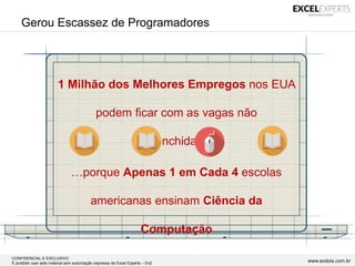 CONFIDENCIAL E EXCLUSIVO
É proibido usar este material sem autorização expressa da Excel Experts – Ex2 www.exdois.com.br
Gerou Escassez de Programadores
1 Milhão dos Melhores Empregos nos EUA
podem ficar com as vagas não
preenchidas…
…porque Apenas 1 em Cada 4 escolas
americanas ensinam Ciência da
Computação
 