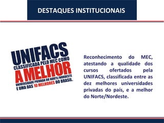 Reconhecimento do MEC, atestando a qualidade dos cursos ofertados pela UNIFACS, classificada entre as dez melhores universidades privadas do país, e a melhor do Norte/Nordeste.   DESTAQUES INSTITUCIONAIS 