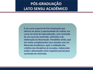 PÓS-GRADUAÇÃO
LATO SENSU ACADÊMICO



É um curso especial de Pós-Graduação que
oferece ao aluno a oportunidade de realizar um
curso em nível de Especialização, com conteúdo
de um curso de mestrado, eximindo-o da
elaboração da dissertação. Possibilita ainda, que
ele venha complementar seus estudos com um
Mestrado Acadêmico, após a validação dos
créditos das disciplinas já cursadas, elaborando
então a dissertação como requisito parcial para
conclusão do mestrado.
 