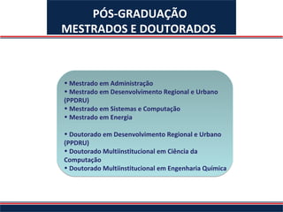 PÓS-GRADUAÇÃO
MESTRADOS E DOUTORADOS



• Mestrado em Administração
• Mestrado em Desenvolvimento Regional e Urbano
(PPDRU)
• Mestrado em Sistemas e Computação
• Mestrado em Energia

• Doutorado em Desenvolvimento Regional e Urbano
(PPDRU)
• Doutorado Multiinstitucional em Ciência da
Computação
• Doutorado Multiinstitucional em Engenharia Química
 