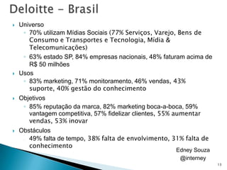    Universo
     ◦ 70% utilizam Mídias Sociais (77% Serviços, Varejo, Bens de
       Consumo e Transportes e Tecnologia, Mídia &
       Telecomunicações)
     ◦ 63% estado SP, 84% empresas nacionais, 48% faturam acima de
       R$ 50 milhões
   Usos
     ◦ 83% marketing, 71% monitoramento, 46% vendas, 43%
       suporte, 40% gestão do conhecimento
   Objetivos
     ◦ 85% reputação da marca, 82% marketing boca-a-boca, 59%
       vantagem competitiva, 57% fidelizar clientes, 55% aumentar
       vendas, 53% inovar
   Obstáculos
     ◦ 49% falta de tempo, 38% falta de envolvimento, 31% falta de
       conhecimento
                                                        Edney Souza
                                                         @interney
                                                                      13
 