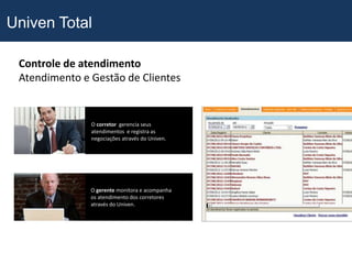 Univen Total

 Controle de atendimento
 Atendimento e Gestão de Clientes


               O corretor gerencia seus
               atendimentos e registra as
               negociações através do Univen.




               O gerente monitora e acompanha
               os atendimento dos corretores
               através do Univen.
 