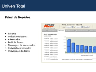 Univen Total

 Painel de Negócios




 •   Resumo
 •   Imóveis Publicados
 •   + Acessados
 •   Perfil de Buscas
 •   Mensagens de Interessados
 •   Imóveis Encomendados
 •   Imóveis para Cadastro
 