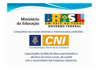 Campanhas nas escolas atraindo o interesse pelas profissões.




         Capacitações de Mão de Obra especializadas e
             abertura de novos cursos, de acordo
         com a necessidades das empresas industriais.
 