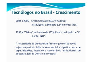Tecnólogos no Brasil - Crescimento
  2004 a 2006 – Crescimento de 96,67% no Brasil
                Instituições: 1.804 para 3.548 (Fonte: MEC)

  1998 a 2004 – Crescimento de 395% Alunos no Estado de SP
                (Fonte: INEP)

  A necessidade de profissionais faz com que cursos novos
  sejam requeridos. Mão de obra em falta, significa busca de
  especializações, incentivo e concorrência institucionais de
  educação. (Lei da Oferta e da Procura)
 