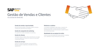 Gestão de Vendas e Clientes
Crie uma base de clientes fiéis
Gestão de vendas e oportunidade
Monitore oportunidades e atividades desde o primeiro
contato até o fechamento do negócio.
Gestão de campanha de marketing
Crie, gerencie e analise atividades de marketing.
Gestão de clientes
Armazene todos os dados críticos de cliente em um lugar,
sincronize e gerencie contatos de clientes armazenados
no Microsoft Outlook.
Gestão de serviços
Gerencie contratos de garantia e serviço de forma
eﬁciente, registre e responda a chamadas de serviço
rapidamente.
Relatórios e análises
Crie relatórios detalhados sobre todos os aspectos do
processo de vendas, inclusive previsão de vendas e
monitoramento do canal de produção, usando modelos
de economia de tempo.
Mobilidade de sua equipe de vendas
Gerencie suas informações de vendas durante a mudança
com o aplicativo móvel SAP Business One Sales.
 