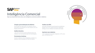 Inteligência Comercial
Veja sua empresa de forma clara com inteligência comercial, análise e relatórios
Criação e personalização de relatórios
Acesse dados de várias fontes, crie relatórios novos e
personalize os já existentes em vários leiautes com uma
despesa mínima de TI.
Análise interativa
Use com os recursos normais do MS Excel para criar
relatórios e ver sua empresa a partir de novos ângulos.
Ferramentas intuitivas
Arrastar e relacionar, buscas detalhadas, assistência na
pesquisa e alertas baseados em ﬂuxo de trabalho.
Análise com KPIs
(principais indicadores de desempenho) predeﬁnidos
ajudam você a ver a média dos dias de variação de
entrega, os cinco melhores funcionários de vendas.
Aprimore seus relatórios
Com visualizações avançadas Integrando o SAP Lumira
para o SAP Business One.
 