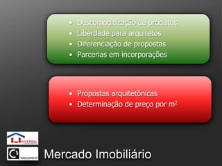 Descomoditização de produtosLiberdade para arquitetosDiferenciação de propostasParcerias em incorporaçõesPropostas arquitetônicasDeterminação de preço por m2Mercado Imobiliário