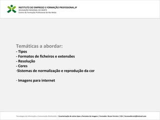 INSTITUTO DO EMPREGO E FORMAÇÃO PROFISSIONAL,IP
DELEGAÇÃO REGIONAL DO NORTE
Centro de Formação Profissional de Rio Meão
Temáticas a abordar:
- Tipos
- Formatos de ficheiros e extensões
- Resolução
- Cores
-Sistemas de normalização e reprodução da cor
- Imagens para internet
Tecnologias de Informação e Comunicação Multimédia | Caracterização de vários tipos e formatos de imagens | Formador: Bruno Ferreira | 25h | brunosaferreir@hotmail.com
 