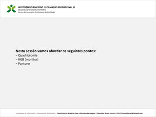 INSTITUTO DO EMPREGO E FORMAÇÃO PROFISSIONAL,IP
DELEGAÇÃO REGIONAL DO NORTE
Centro de Formação Profissional de Rio Meão
Tecnologias de Informação e Comunicação Multimédia | Caracterização de vários tipos e formatos de imagens | Formador: Bruno Ferreira | 25h | brunosaferreir@hotmail.com
Nesta sessão vamos abordar os seguintes pontos:
− Quadricromia
− RGB (monitor)
− Pantone
 
