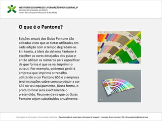 O que é o Pantone?
Edições anuais dos Guias Pantone são
editadas visto que as tintas utilizadas em
cada edição com o tempo degradam-se.
Em teoria, a ideia do sistema Pantone é
escolher as cores desejadas dos guias e
então utilizar os números para especificar
de que forma é que se vai imprimir o
output. Por exemplo, podemos pedir à
empresa que imprima o trabalho
utilizando a cor Pantone 655 e a empresa
terá instruções sobre como produzir a cor
655 no seu equipamento. Desta forma, o
produto final será exactamente o
pretendido. Recomenda-se que os Guias
Pantone sejam substituídos anualmente.
INSTITUTO DO EMPREGO E FORMAÇÃO PROFISSIONAL,IP
DELEGAÇÃO REGIONAL DO NORTE
Centro de Formação Profissional de Rio Meão
Tecnologias de Informação e Comunicação Multimédia | Caracterização de vários tipos e formatos de imagens | Formador: Bruno Ferreira | 25h | brunosaferreir@hotmail.com
 