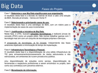 Big Data Fases do Projeto
Fase 1: Determine o que Big Data significa para sua organização.
O resultado desta fase é a decisão do Sebrae de levar a cabo uma solução
de BDA. Decisão já tomada – Vamos em frente !!!
Fase 2: Selecionando e priorizando casos de uso.
O resultado desta fase é uma estratégia de BDA, com um roteiro para a
implementação de casos de usos incrementais
Fase 3: Justificando a iniciativa de Big Data.
Nesta fase, a UTIC, buscará soluções tecnológicas e realizará provas de
conceito (POC) como um projeto piloto. Não iremos trabalhar apenas com 1
tecnologia mas sim com um conjunto de tecnologias próprias e Serviços.
A prospecção de tecnologias, já foi iniciada, independente das fases
anteriores objetivado a minimização do tempo de implantação.
Fase 4: Infraestrutura Tecnológica e Pessoal.
O resultado desta fase é a disponibilização de uma sólida infraestrutura de
TIC para armazenamento/processamento de dados estruturados e não
estruturados, em ambientes de nuvem privada e/ou pública;
e/ou disponibilização de soluções como serviço, disponibilização de
ferramentas e respectivos profissionais a serem envolvidos no projeto, bem
como o(s) contrato(s) com parceiros externos.
Fase 5: Monetização da informação.
 