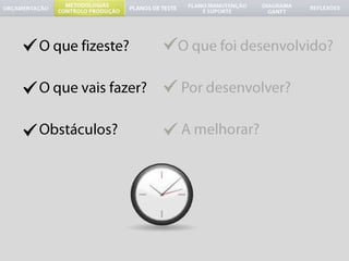 O que fizeste?O que vais fazer?Obstáculos?O que foi desenvolvido?Por desenvolver?A melhorar?