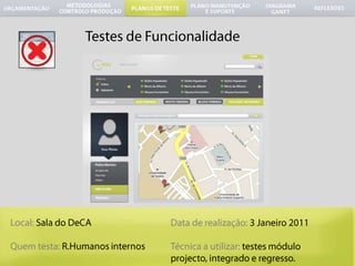 	Testes de FuncionalidadeData de realização: 3 Janeiro 2011Técnica a utilizar: testes móduloprojecto, integradoeregresso.Local: Sala do DeCAQuemtesta:R.Humanosinternos