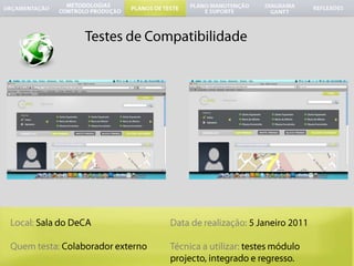 	Testes de CompatibilidadeData de realização: 5 Janeiro 2011Técnica a utilizar: testes móduloprojecto, integradoeregresso.Local: Sala do DeCAQuemtesta:Colaboradorexterno