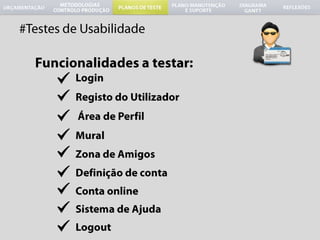#Testes de UsabilidadeFuncionalidades a testar:Login	Registo do UtilizadorÁrea de Perfil	Mural	Zona de Amigos	Definição de conta	Conta online	Sistema de AjudaLogout