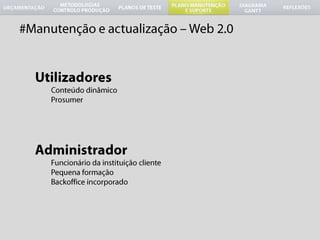 #Manutenção e actualização – Web 2.0UtilizadoresConteúdo dinâmicoProsumerAdministradorFuncionário da instituição clientePequena formaçãoBackoffice incorporado