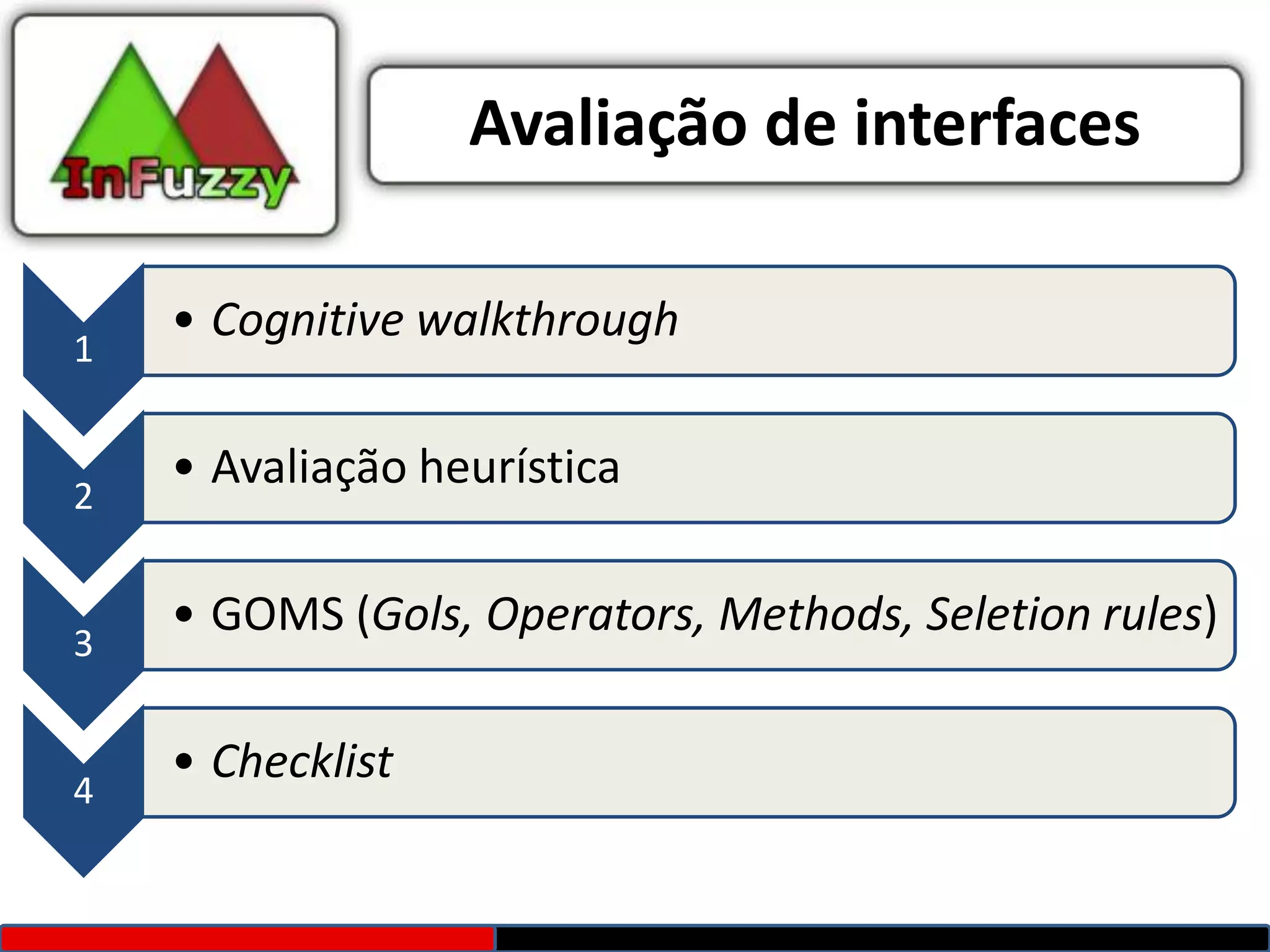 Avaliação de interfaces

    • Cognitive walkthrough
1

    • Avaliação heurística
2

    • GOMS (Gols, Operators, Methods, Seletion rules)
3

    • Checklist
4
 