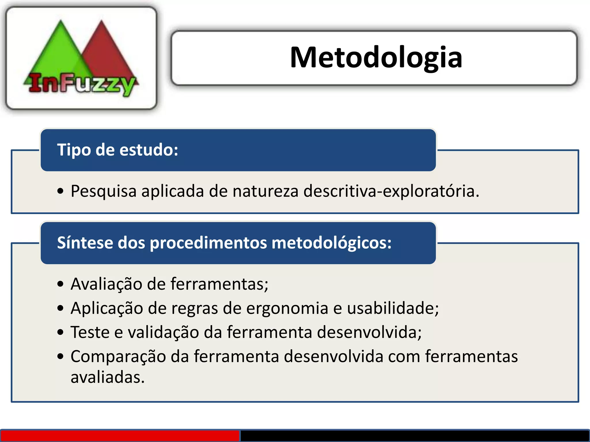 Metodologia

Tipo de estudo:

• Pesquisa aplicada de natureza descritiva-exploratória.

Síntese dos procedimentos metodológicos:

• Avaliação de ferramentas;
• Aplicação de regras de ergonomia e usabilidade;
• Teste e validação da ferramenta desenvolvida;
• Comparação da ferramenta desenvolvida com ferramentas
  avaliadas.
 