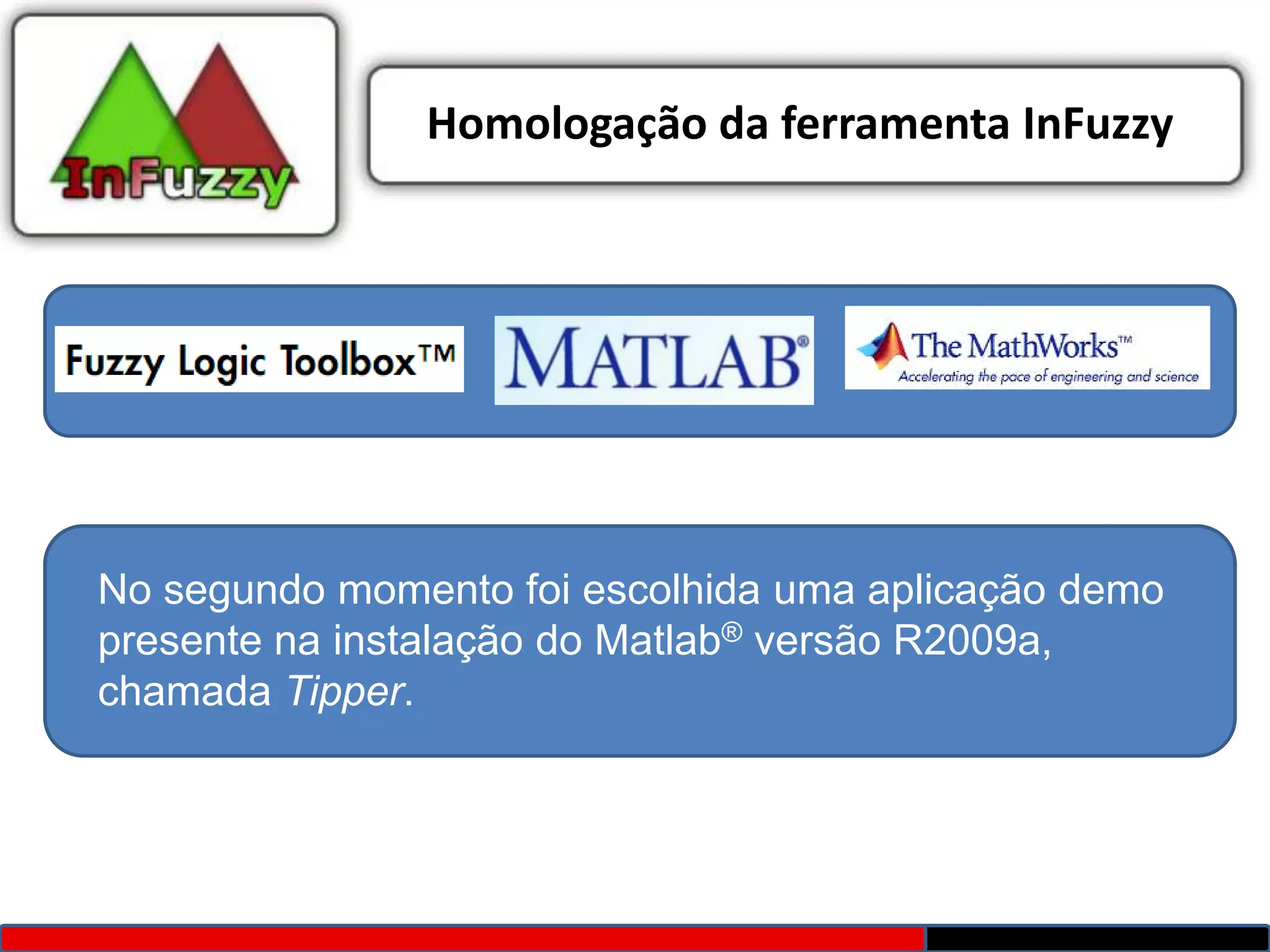 Homologação da ferramenta InFuzzy




No segundo momento foi escolhida uma aplicação demo
presente na instalação do Matlab® versão R2009a,
chamada Tipper.
 