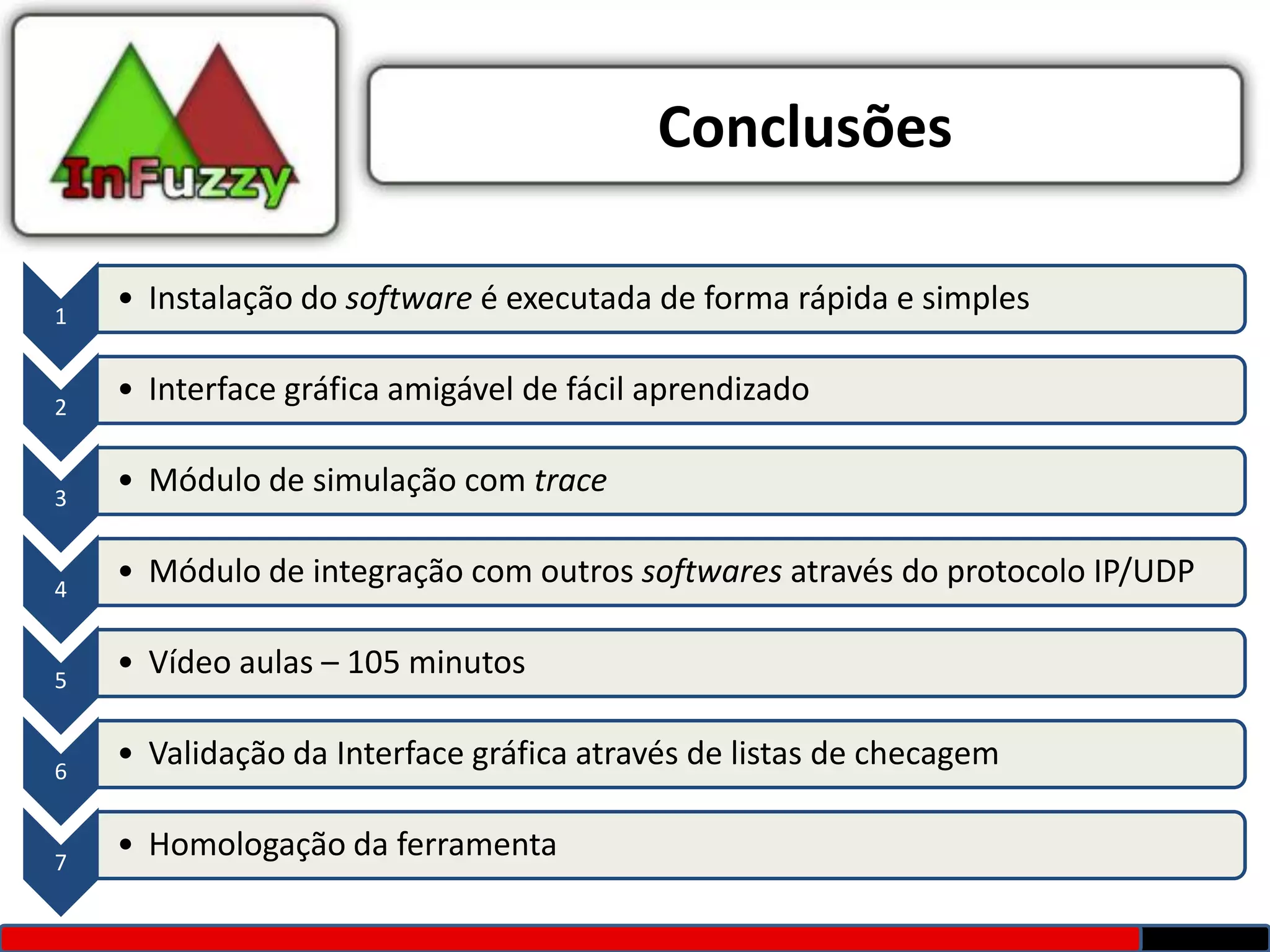 Conclusões

1
    • Instalação do software é executada de forma rápida e simples


2
    • Interface gráfica amigável de fácil aprendizado


3
    • Módulo de simulação com trace


4
    • Módulo de integração com outros softwares através do protocolo IP/UDP


5
    • Vídeo aulas – 105 minutos


6
    • Validação da Interface gráfica através de listas de checagem


7
    • Homologação da ferramenta
 