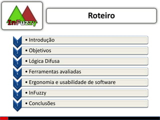 Roteiro

1   • Introdução

2   • Objetivos

3   • Lógica Difusa

4   • Ferramentas avaliadas

5   • Ergonomia e usabilidade de software

6   • InFuzzy

7   • Conclusões
 