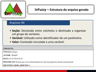 InFuzzy – Estrutura do arquivo gerado


       Arquivos INI

       • Seção: Declarado entre colchetes e destinado a organizar
         um grupo de variáveis.
       • Variável: Utilizado como identificador de um parâmetro.
       • Valor: Conteúdo vinculado a uma variável.

[PROJETO]
TITULO=Gorjeta
AUTOR= Matlab®
DATA=23/11/2010 20:10
DESCRICAO=Sistema que visa à determinação do valor da gorjeta do cliente em percentual
IDENTIFICADOR_OBJETOS=4
 