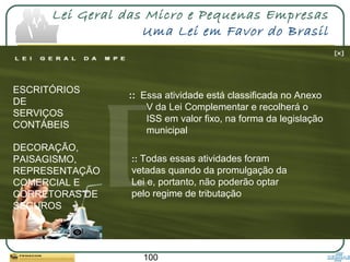 100
Lei Geral das Micro e Pequenas Empresas
Uma Lei em Favor do Brasil
:: Essa atividade está classificada no Anexo
V da Lei Complementar e recolherá o
ISS em valor fixo, na forma da legislação
municipal
ESCRITÓRIOS
DE
SERVIÇOS
CONTÁBEIS
:: Todas essas atividades foram
vetadas quando da promulgação da
Lei e, portanto, não poderão optar
pelo regime de tributação
DECORAÇÃO,
PAISAGISMO,
REPRESENTAÇÃO
COMERCIAL E
CORRETORAS DE
SEGUROS
 